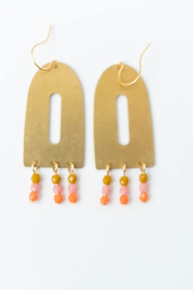 Orange Bead and Brass Arch Earrings
