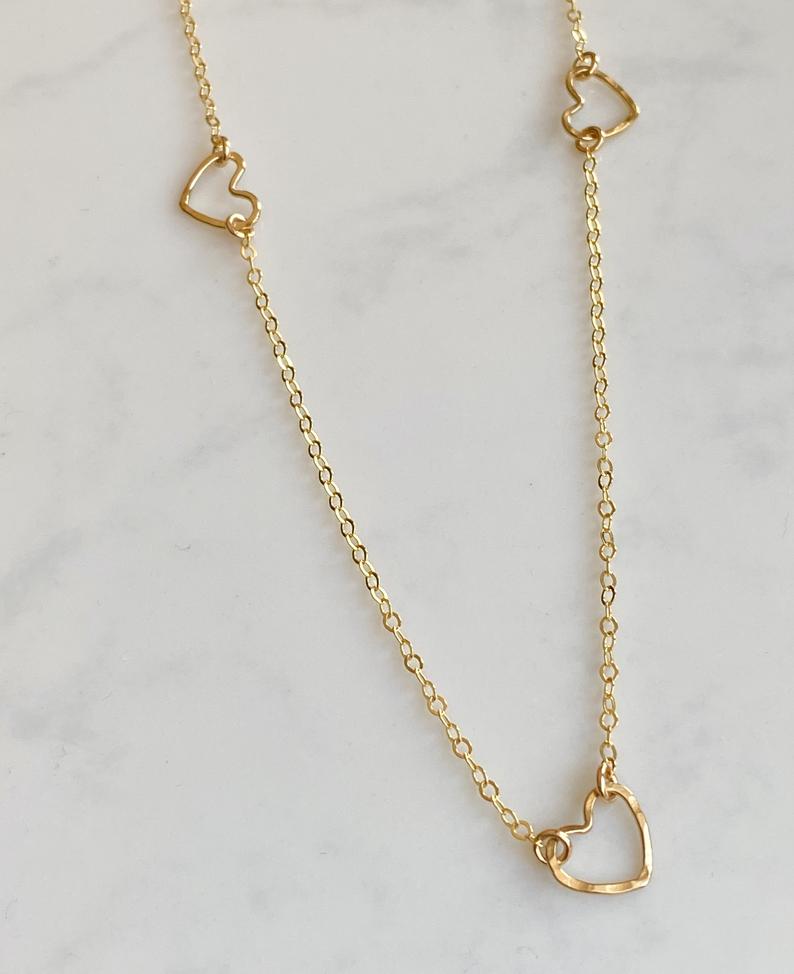 Triple Tiny Heart Necklace ~ Gold